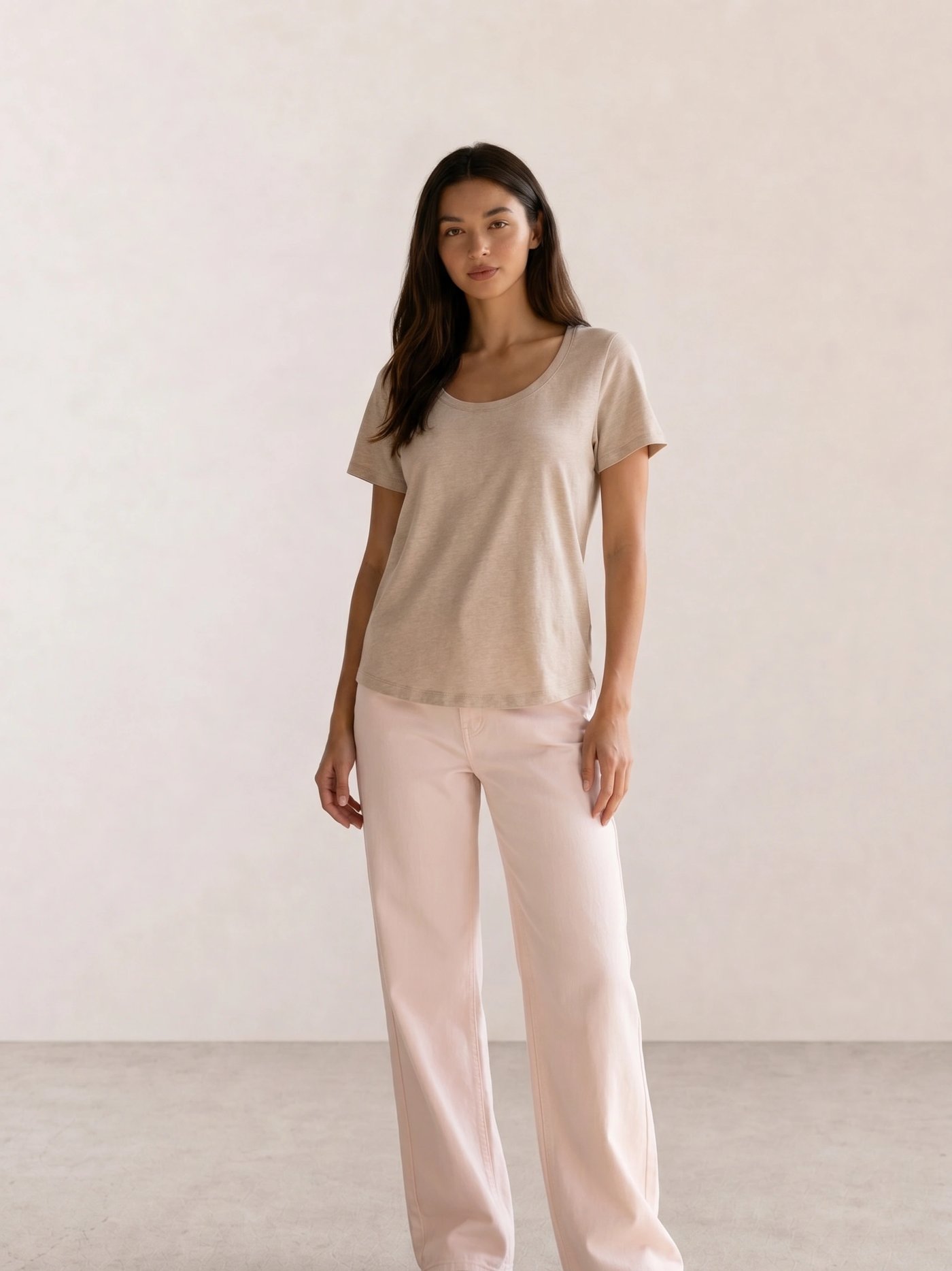 Oatmeal Scoop Tee & Pale Pink Wide-Leg Jeans