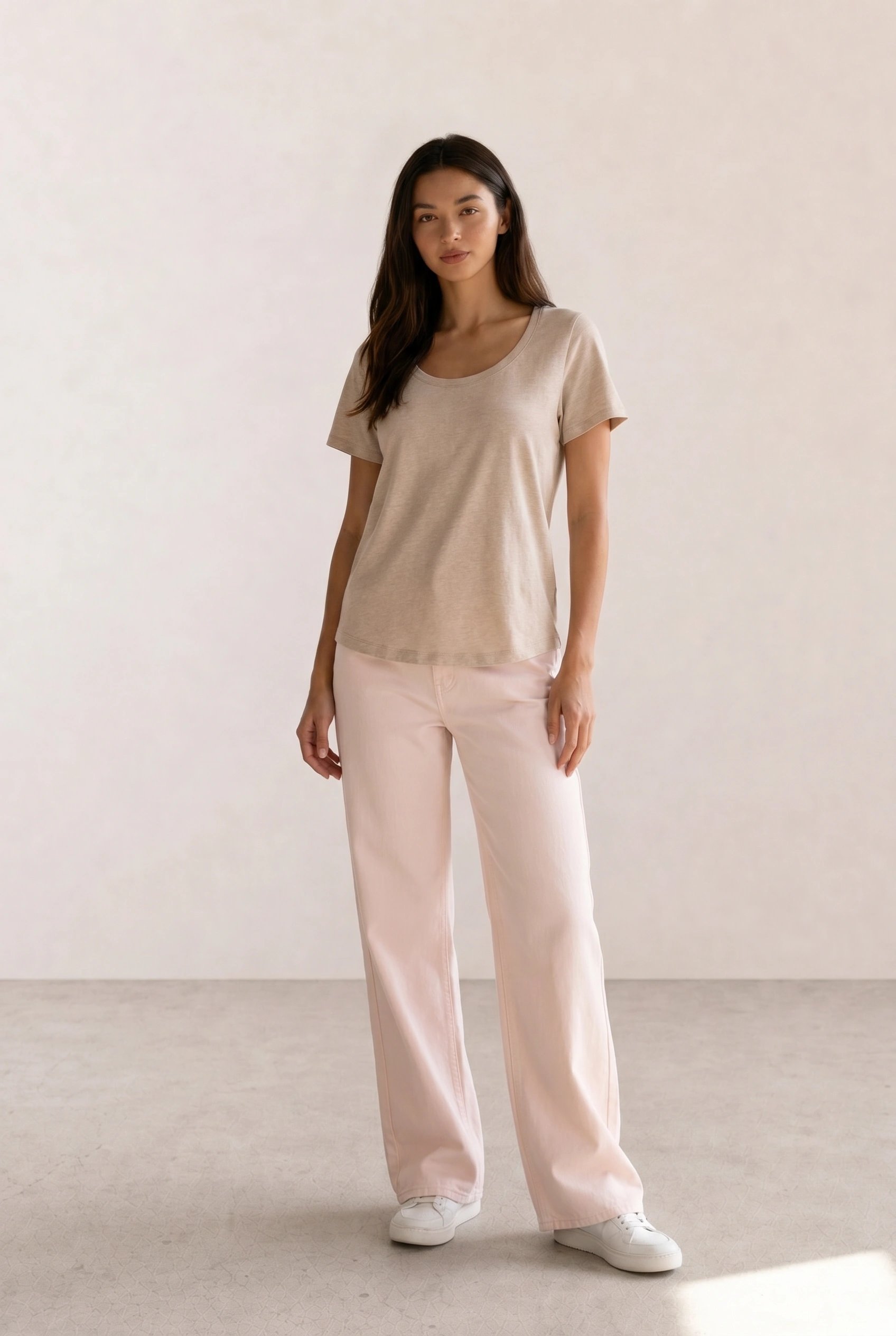 Oatmeal Scoop Tee & Pale Pink Wide-Leg Jeans