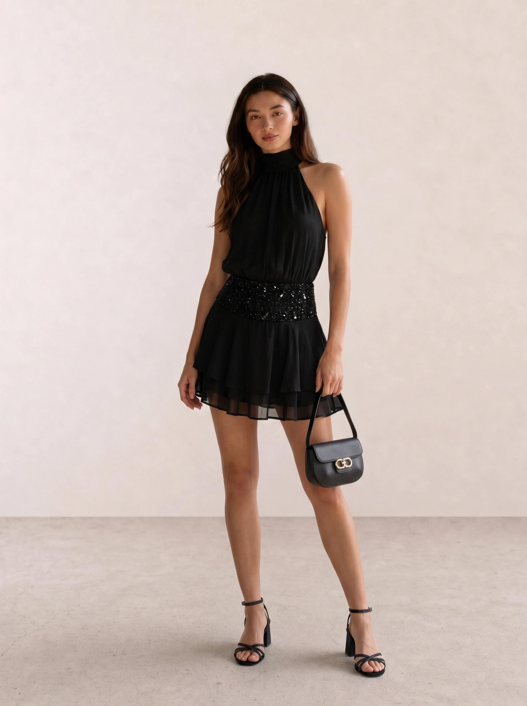 Halter Neck Mini Dress with Beaded Waist