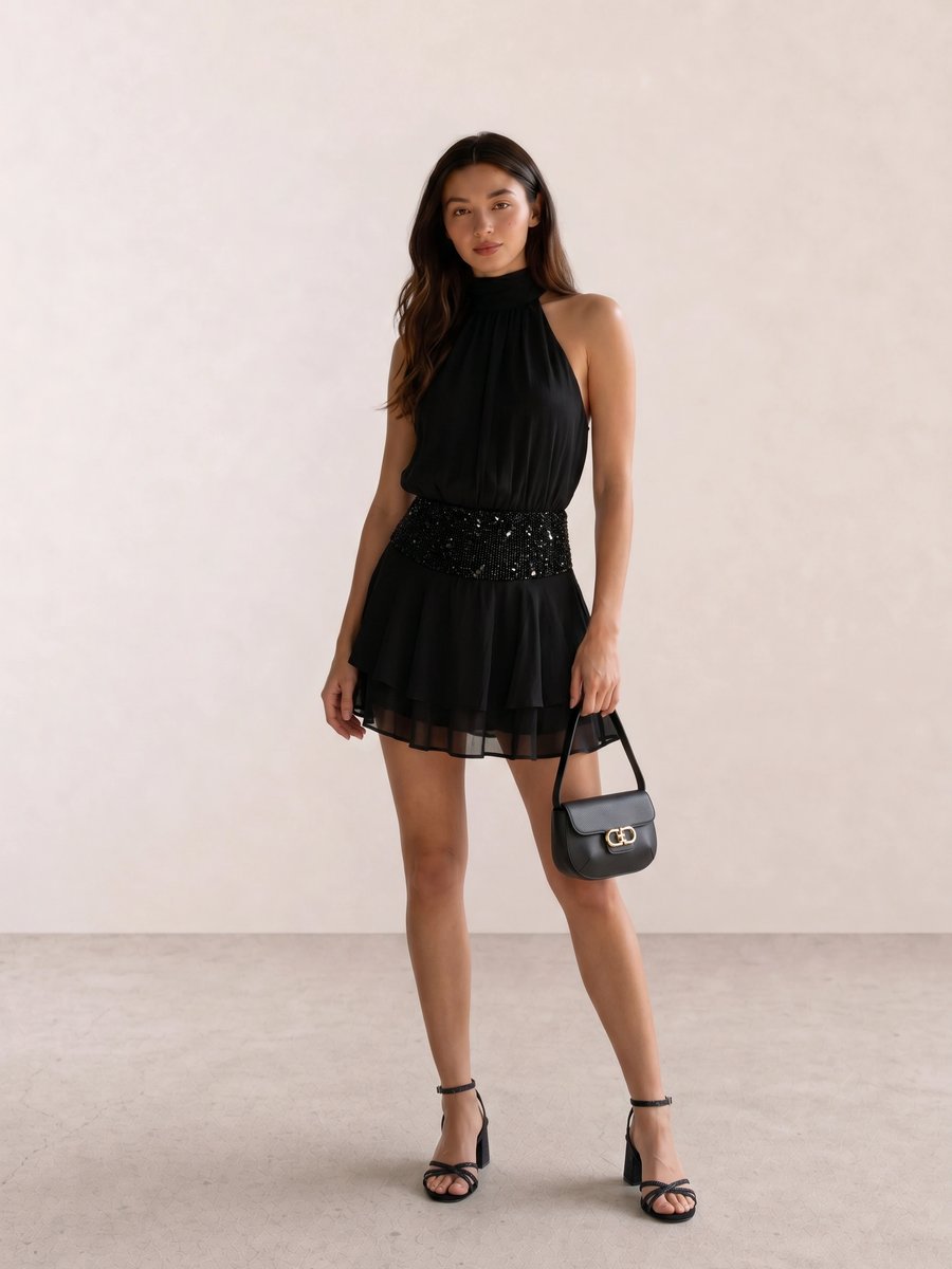 Black halter neck mini dress with a beaded waist, tiered skirt, black bag, and glitter ankle-strap heels