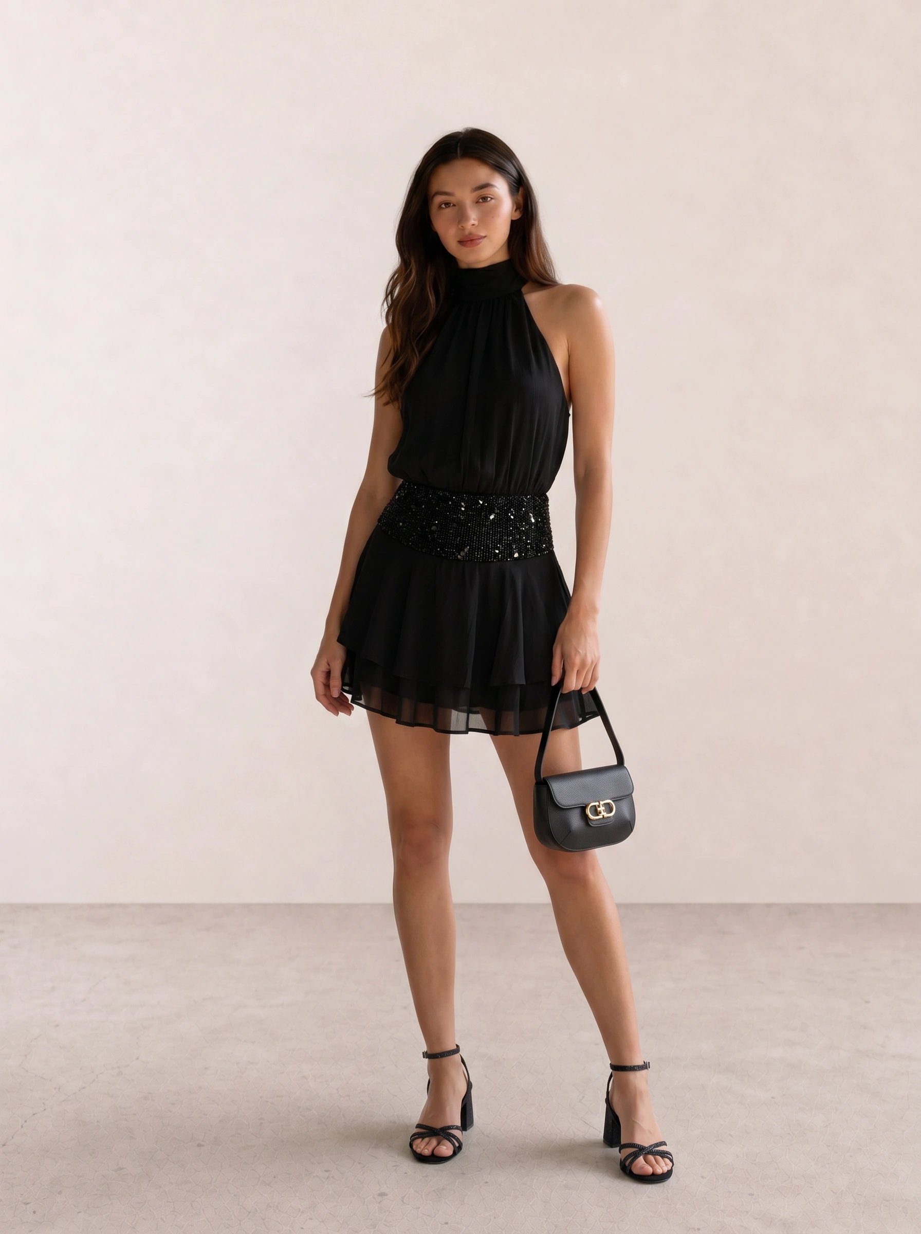 Black halter neck mini dress with a beaded waist, tiered skirt, black bag, and glitter ankle-strap heels