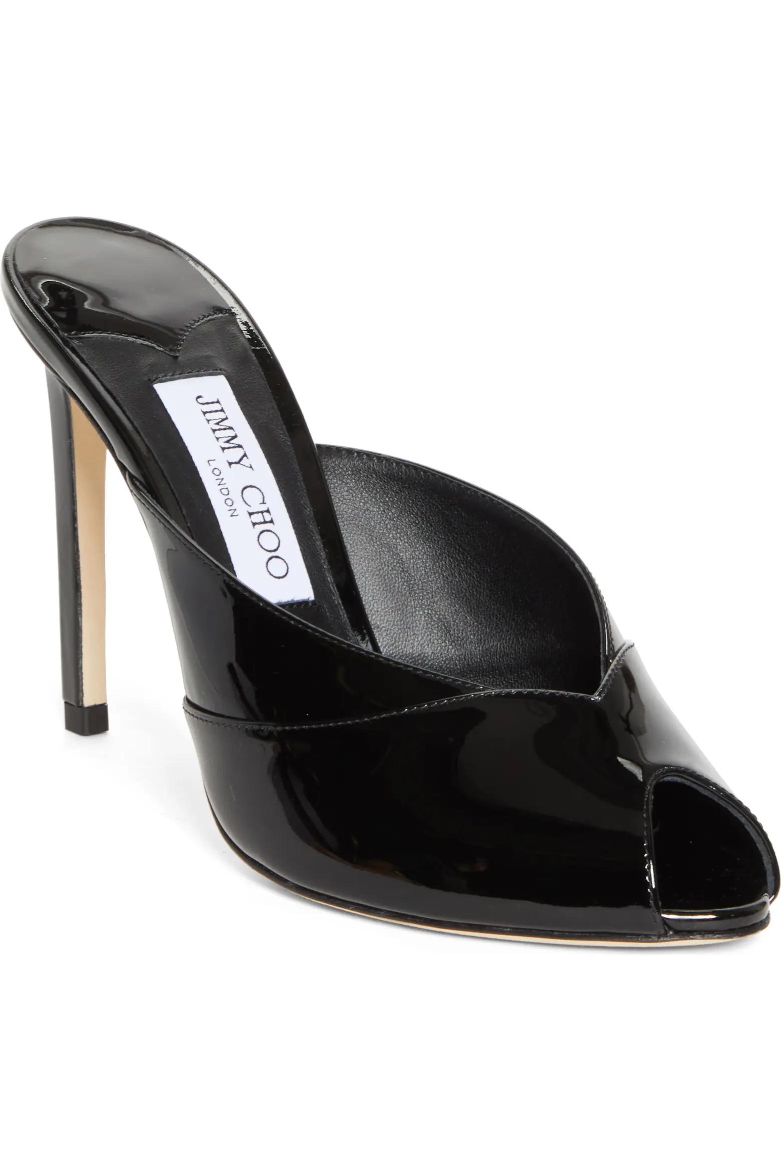 Black Patent Peep-Toe Mule Heels