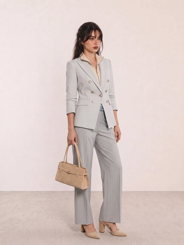 Light Grey Double-Breasted Suit Office Outfit