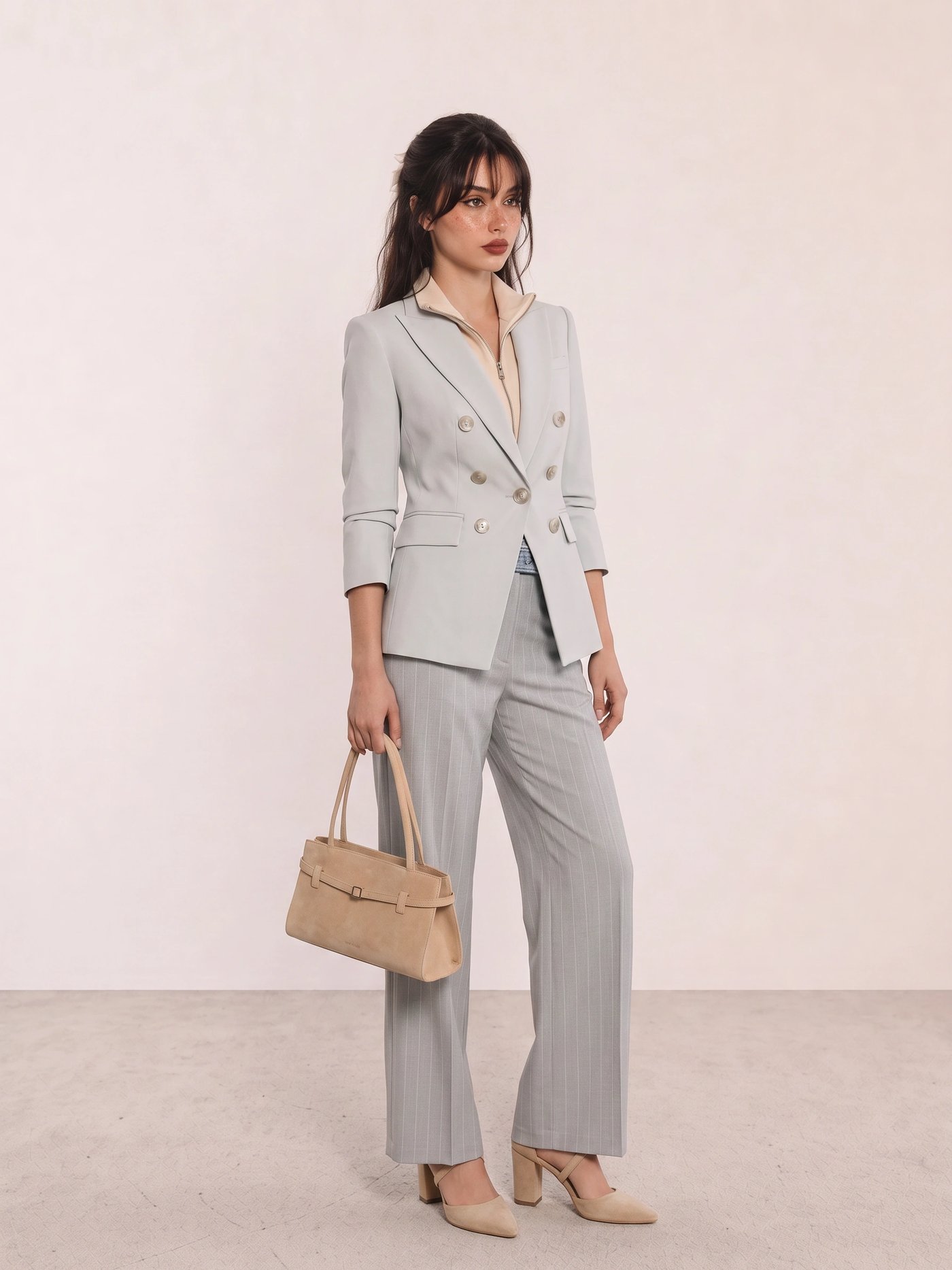 Light Grey Double-Breasted Suit Office Outfit