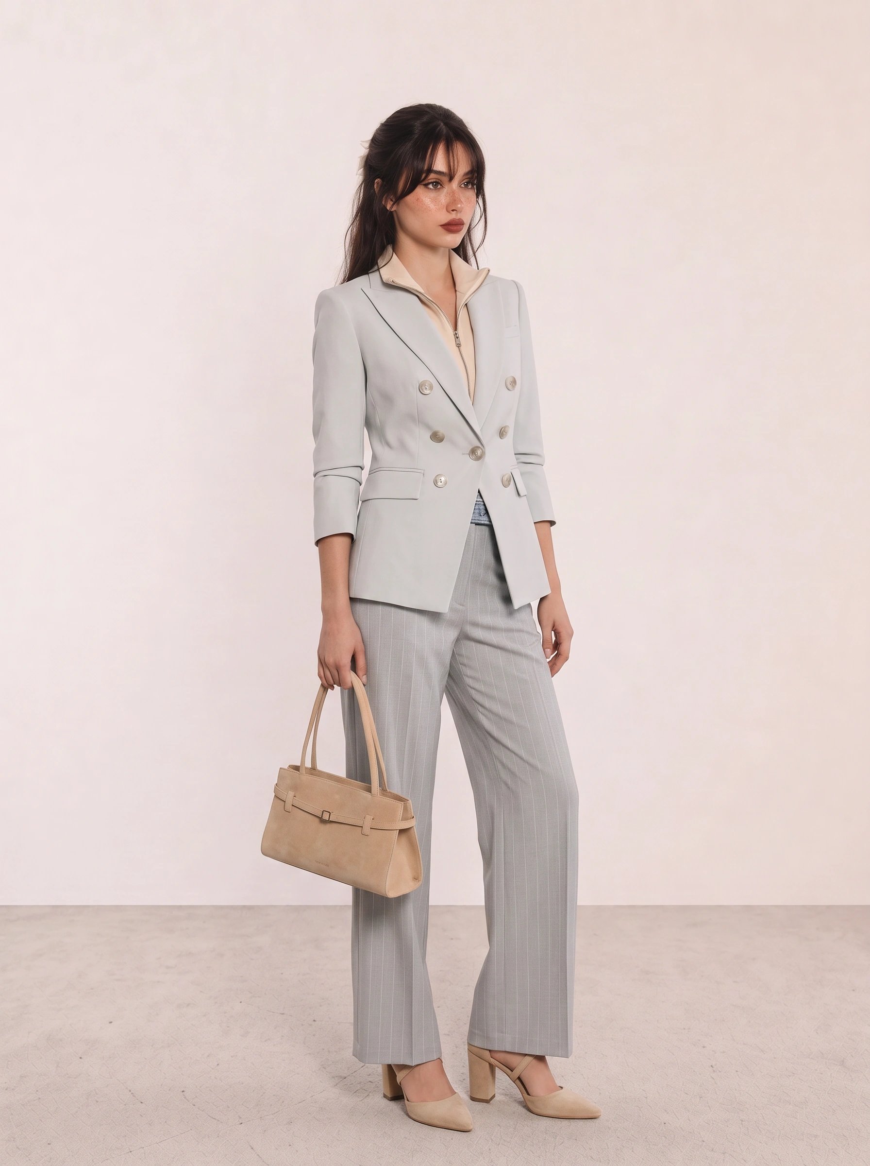Light Grey Double-Breasted Suit Office Outfit