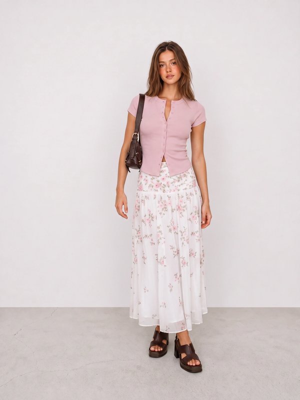 Pink Knit Top and Floral Maxi Skirt Outfit
