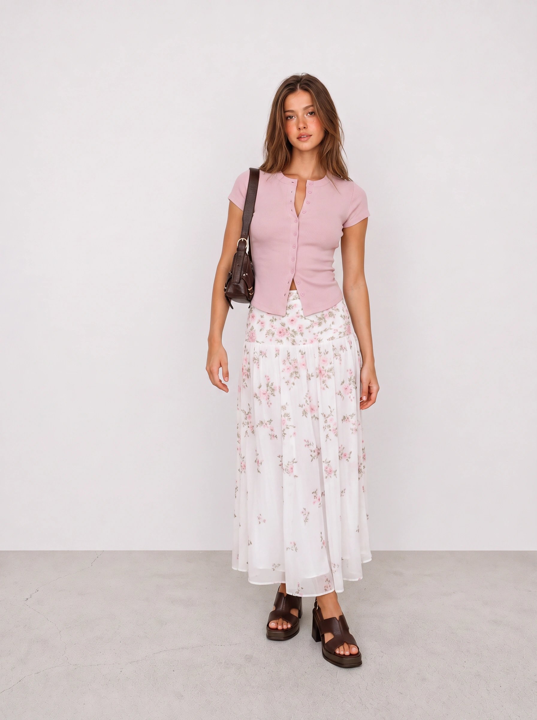 Pink Knit Top and Floral Maxi Skirt Outfit
