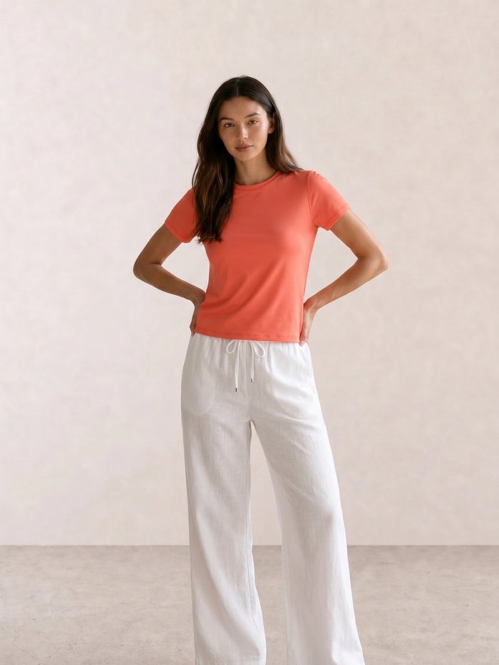 Coral Tee & White Linen Wide-Leg Trousers