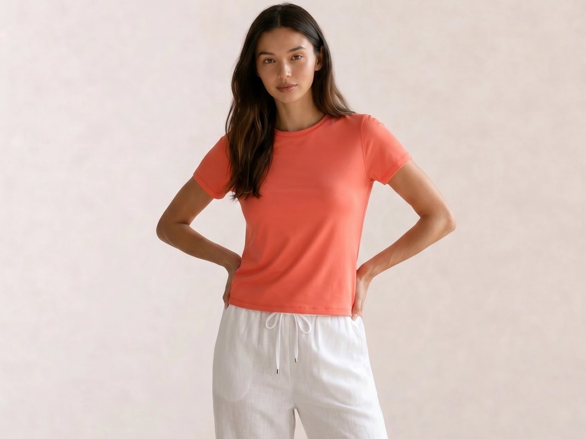 Coral Tee & White Linen Wide-Leg Trousers