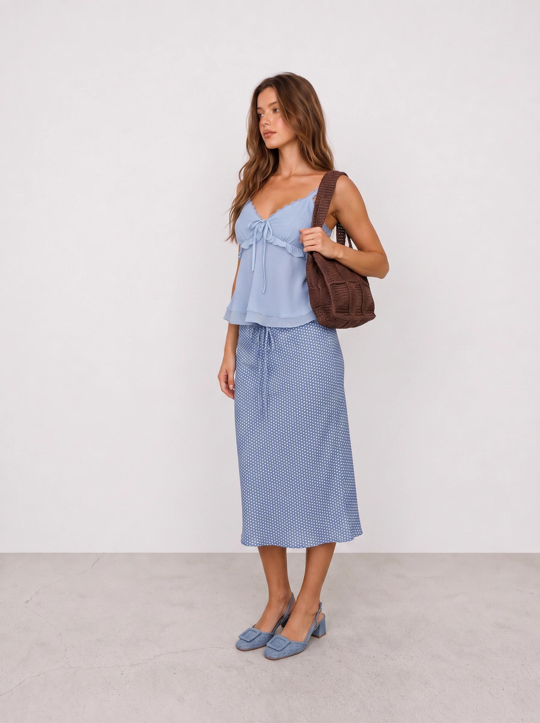 Blue Ruffle Cami and Polka Dot Midi Skirt Outfit