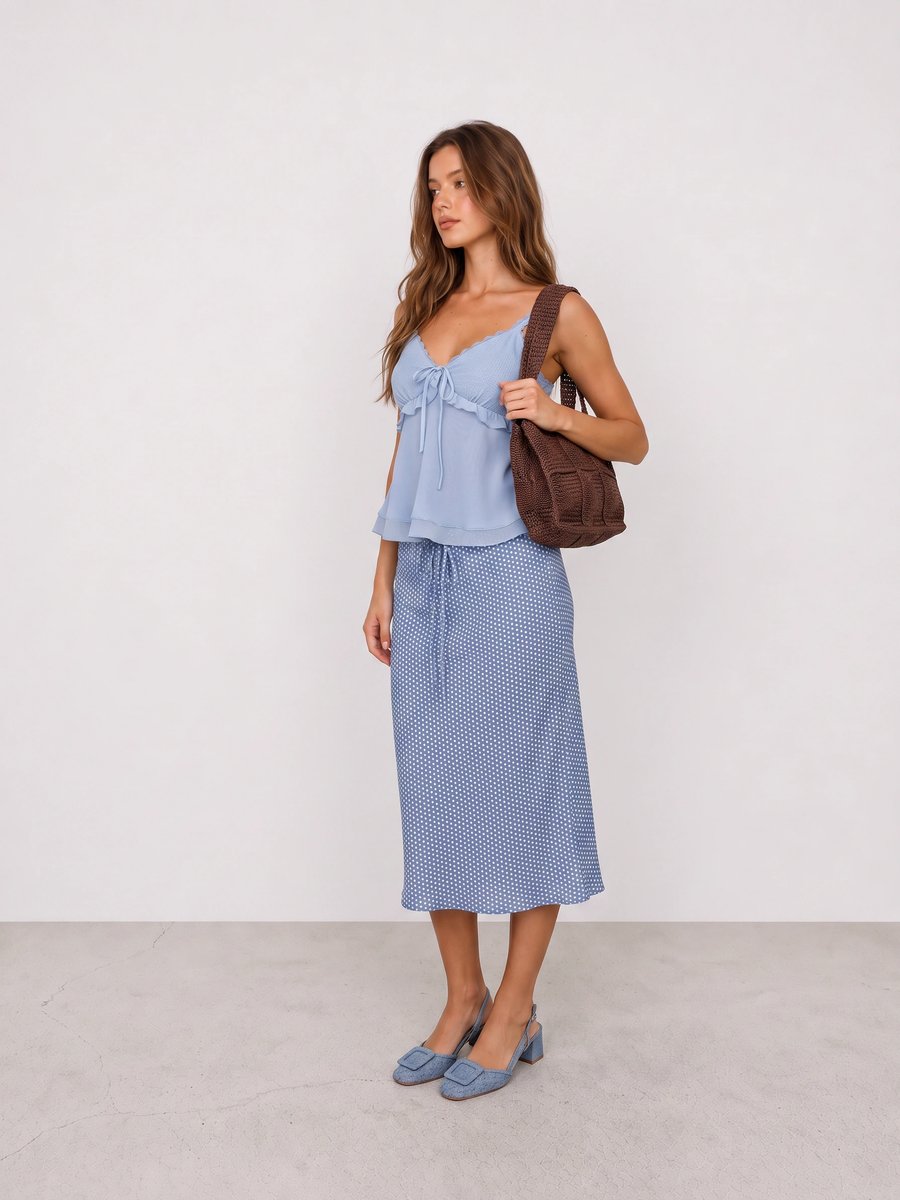 Woman wearing a blue ruffle cami, blue polka dot midi skirt, blue slingback heels, and a brown woven bag