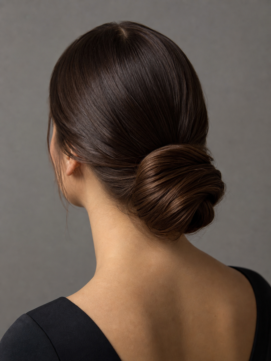 Polished low chignon at the nape shown from the back