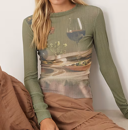 Sage Print Mesh Long-Sleeve Top