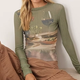 Sage Print Mesh Long-Sleeve Top
