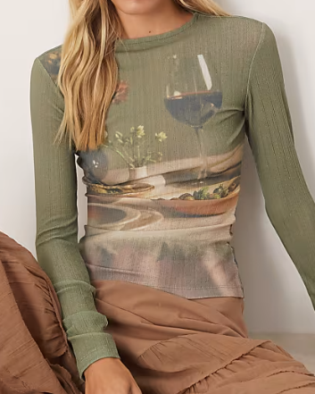 Sage Print Mesh Long-Sleeve Top