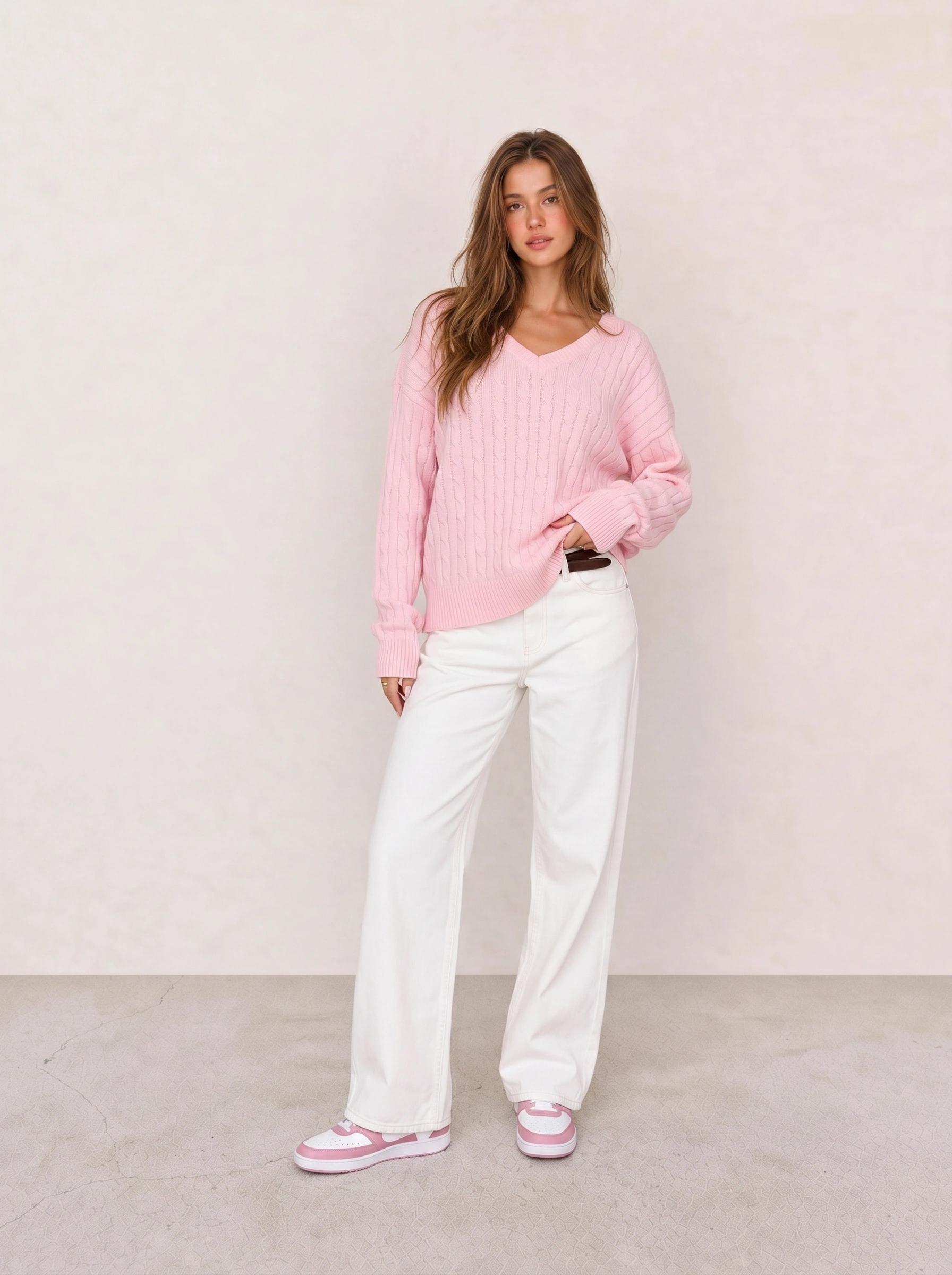 Pink Oversized Cable Knit Sweater & White Wide-Leg Jeans
