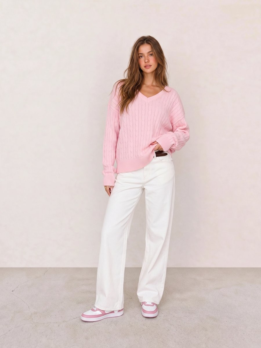 Clean girl outfit with a pink oversized cable knit sweater, white wide-leg jeans, and pink Nike sneakers