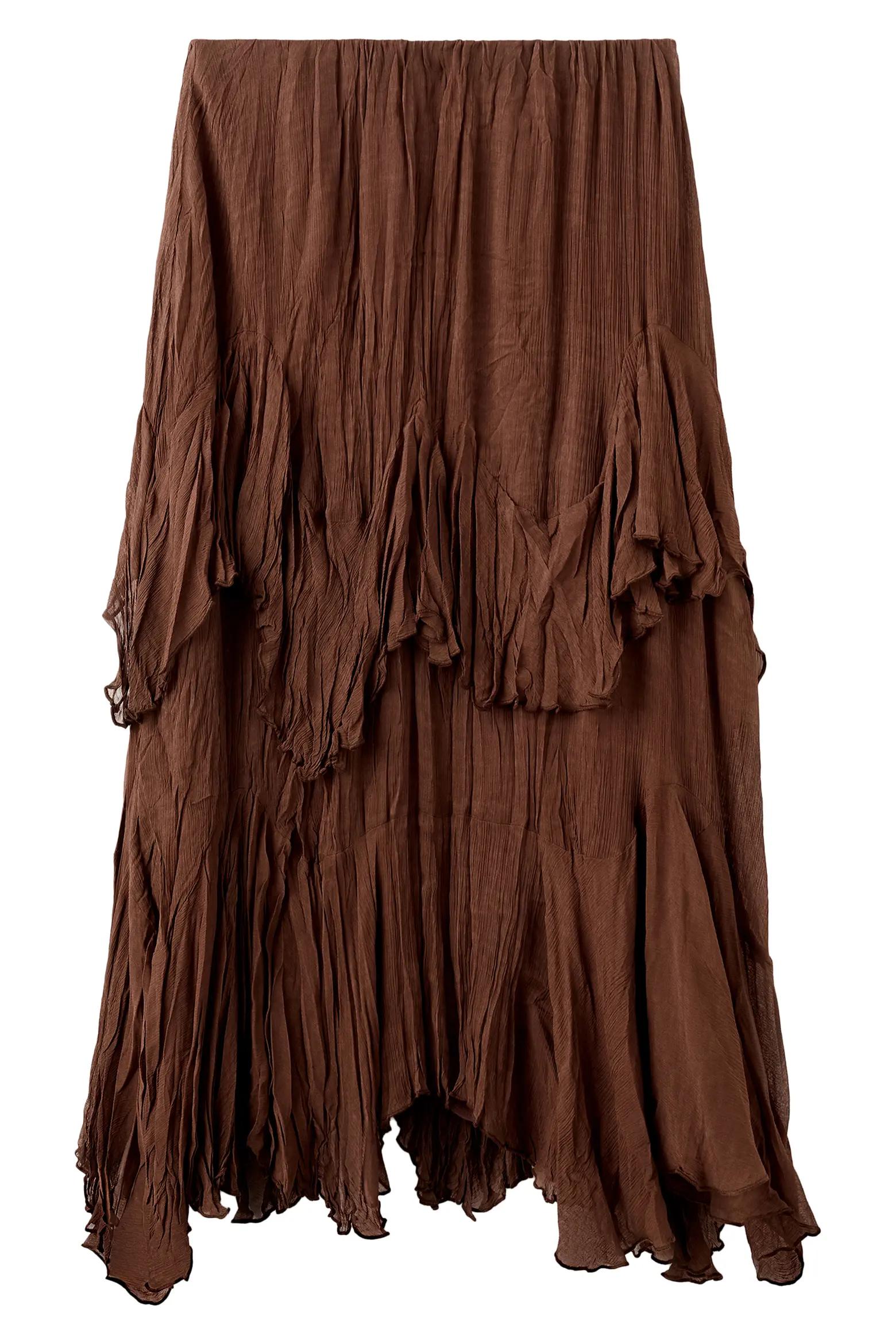 Brown Crinkle Ruffle Midi Skirt
