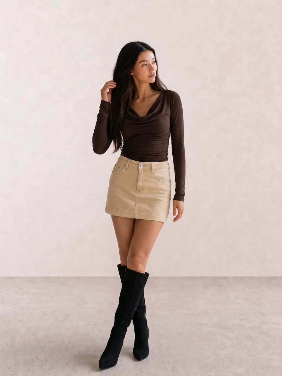 Minimal autumn outfit with a brown draped top, beige mini skirt, black knee-high boots, and brown shoulder bag