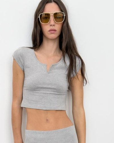 Grey Notch-Neck Crop Tee