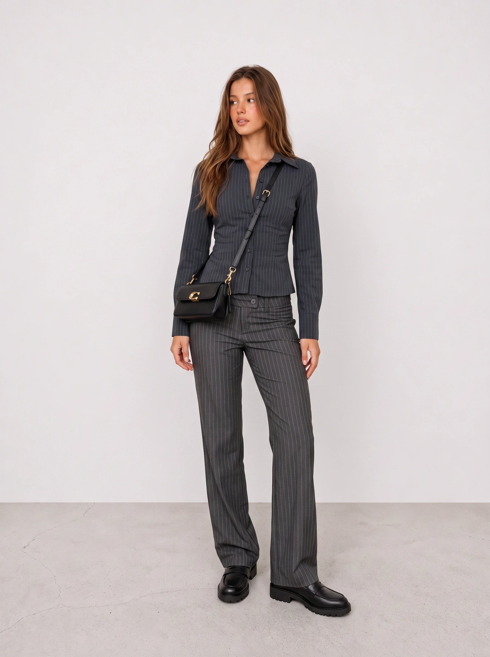 Charcoal Pinstripe Suit Office Outfit