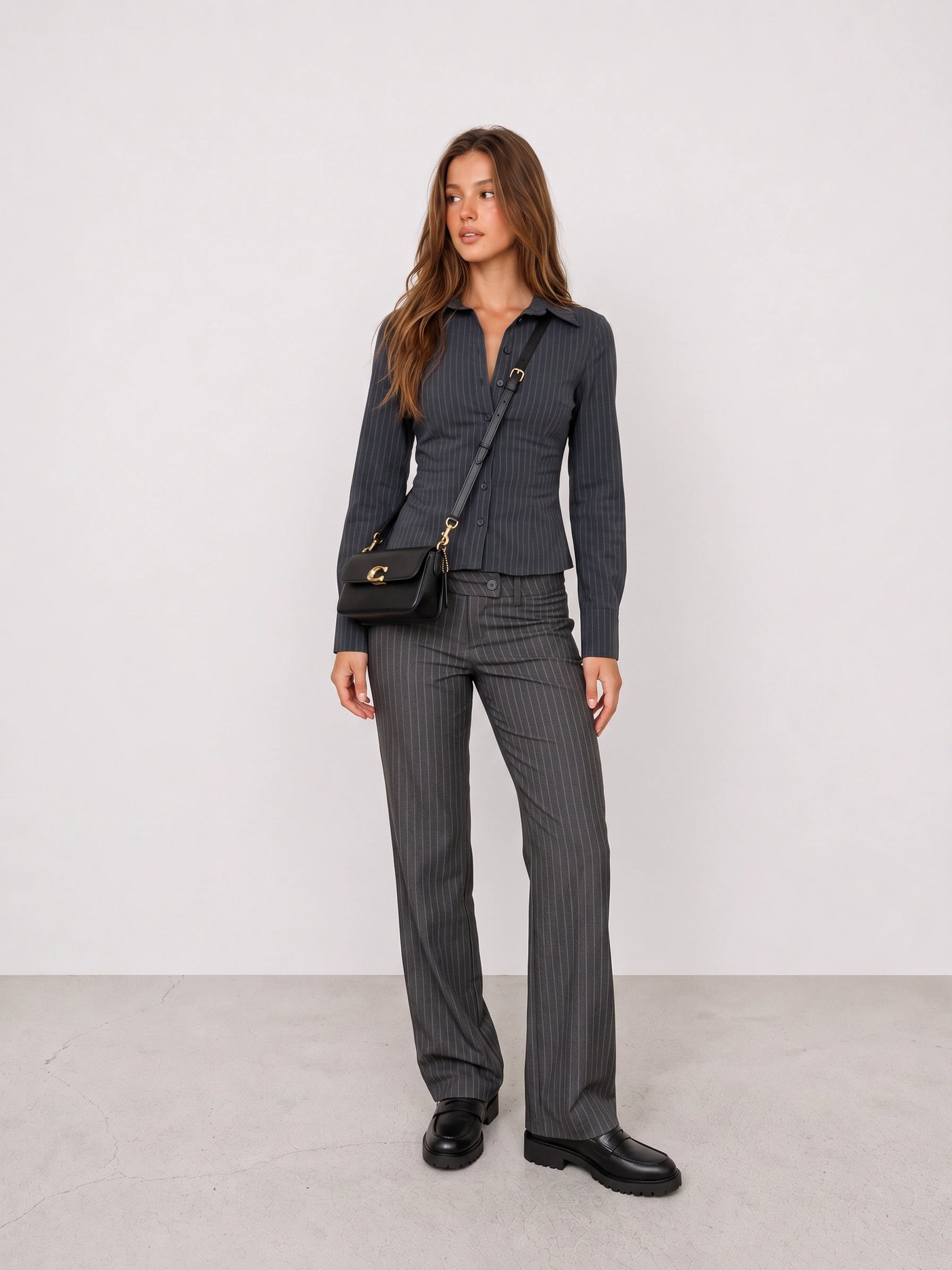 Charcoal Pinstripe Suit Office Outfit