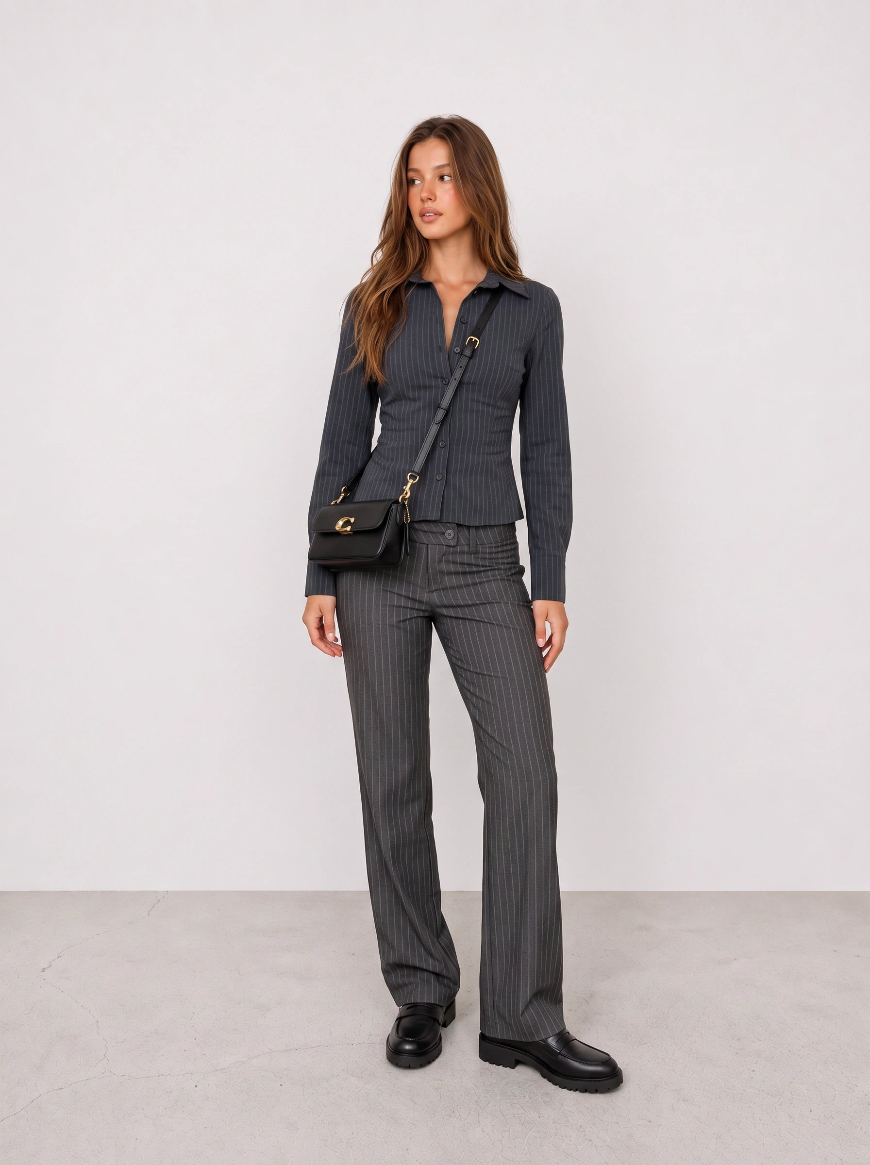 Charcoal Pinstripe Suit Office Outfit