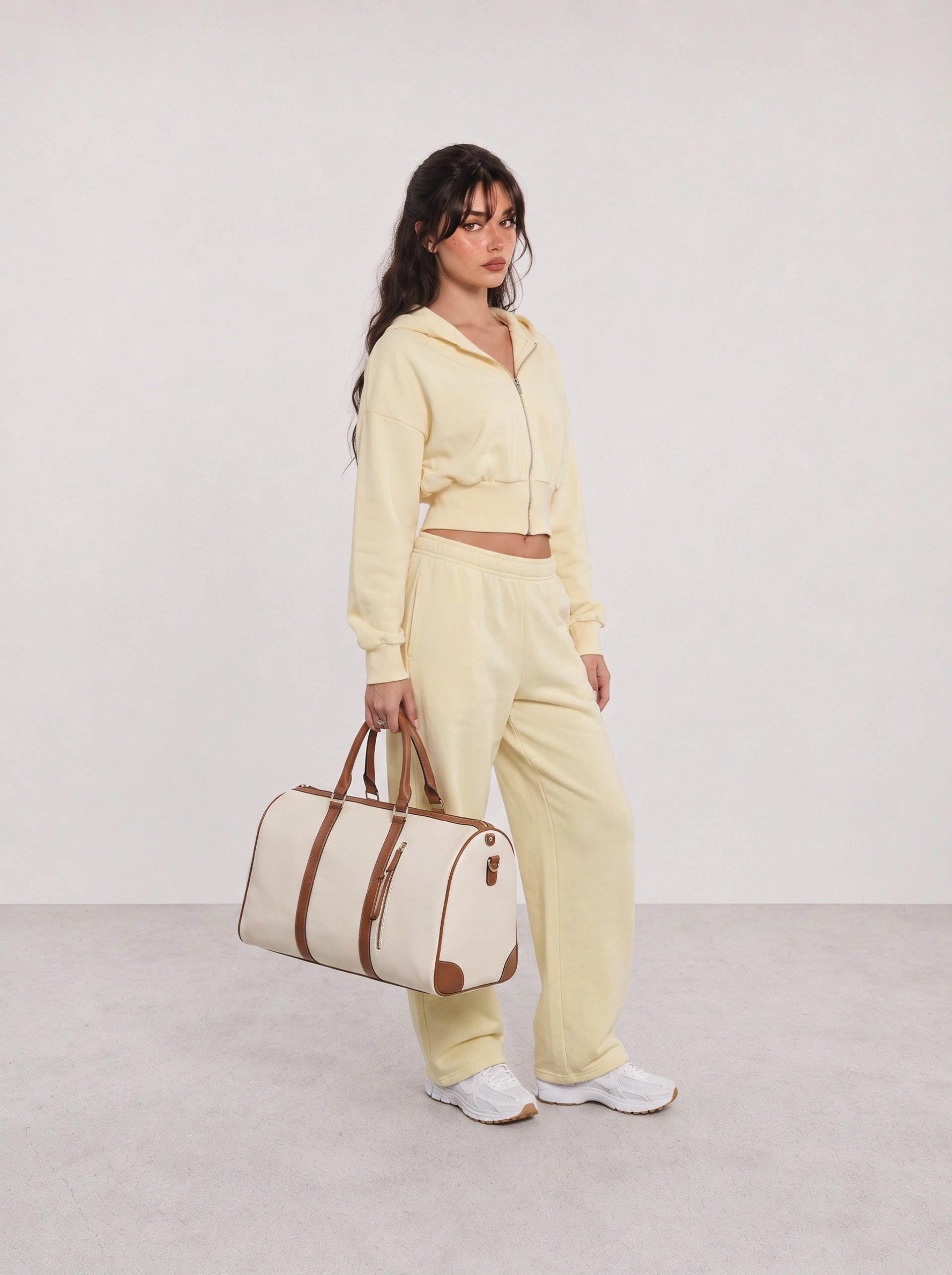 Yellow Lounge Set and Weekender Bag Outfit