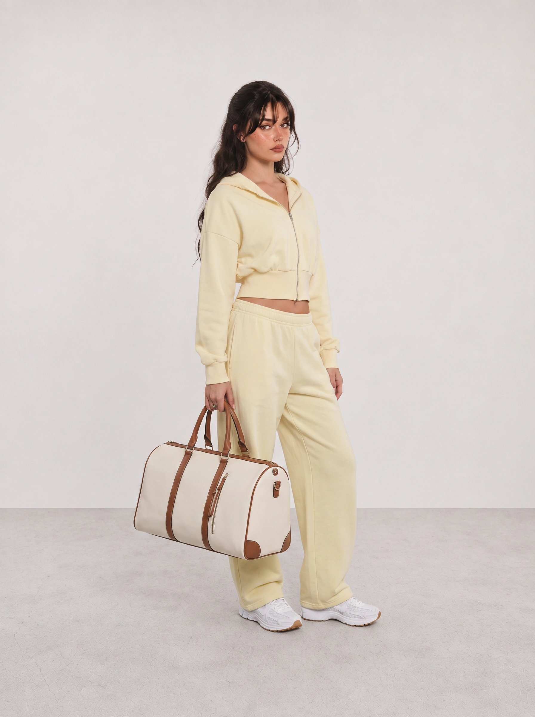 Yellow Lounge Set and Weekender Bag Outfit