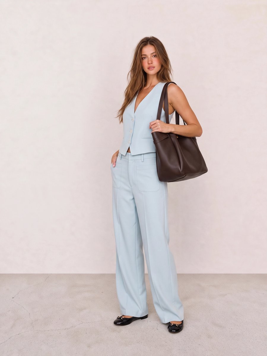 Old money look with light blue tailored waistcoat top & light blue wide-leg trousers and black patent ballet flats
