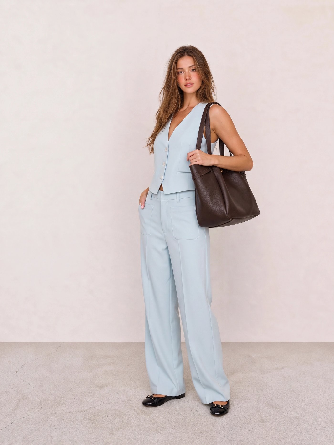 Light Blue Tailored Waistcoat Top & Light Blue Wide-Leg Trousers