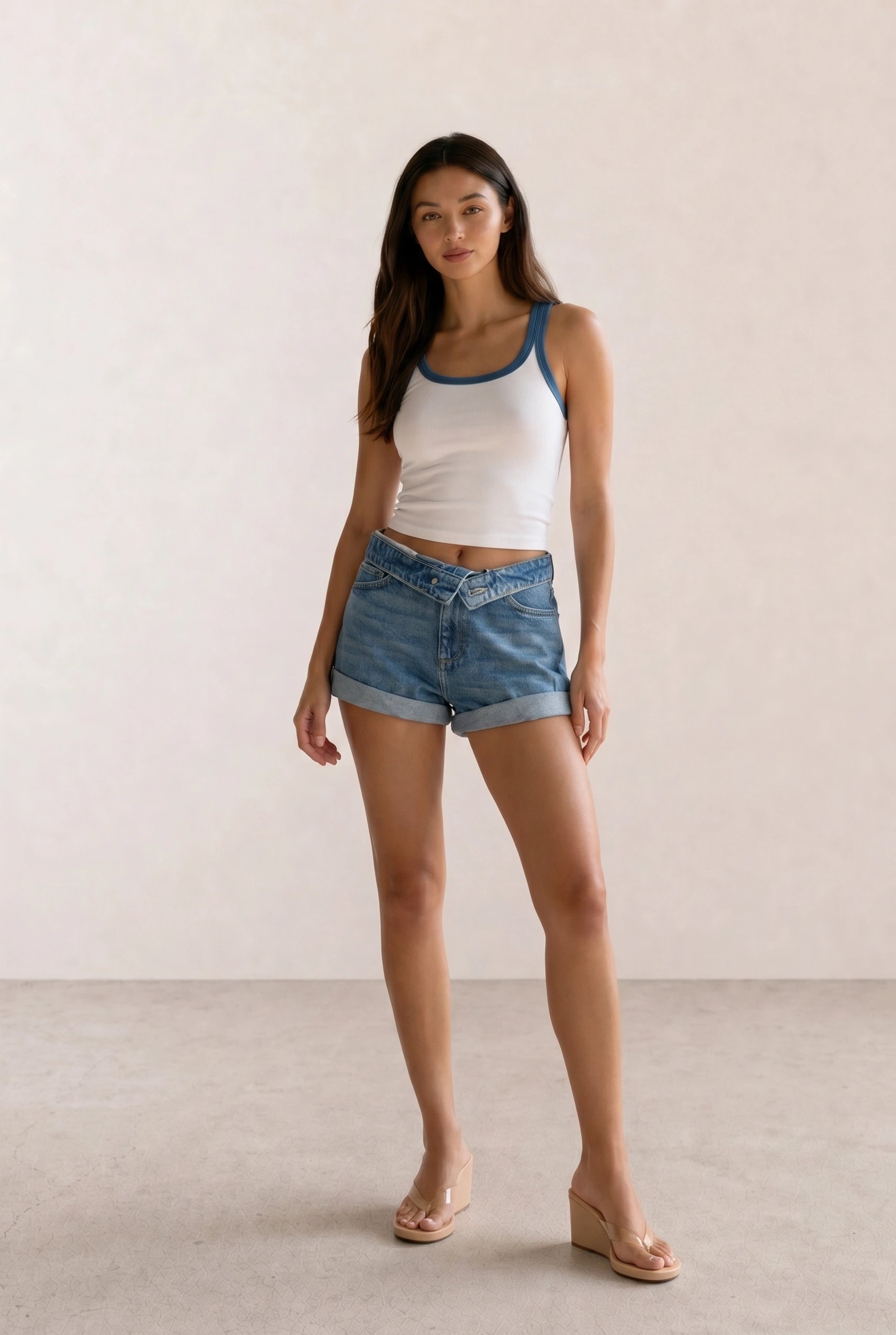 White Ringer Tank & Cuffed Denim Shorts