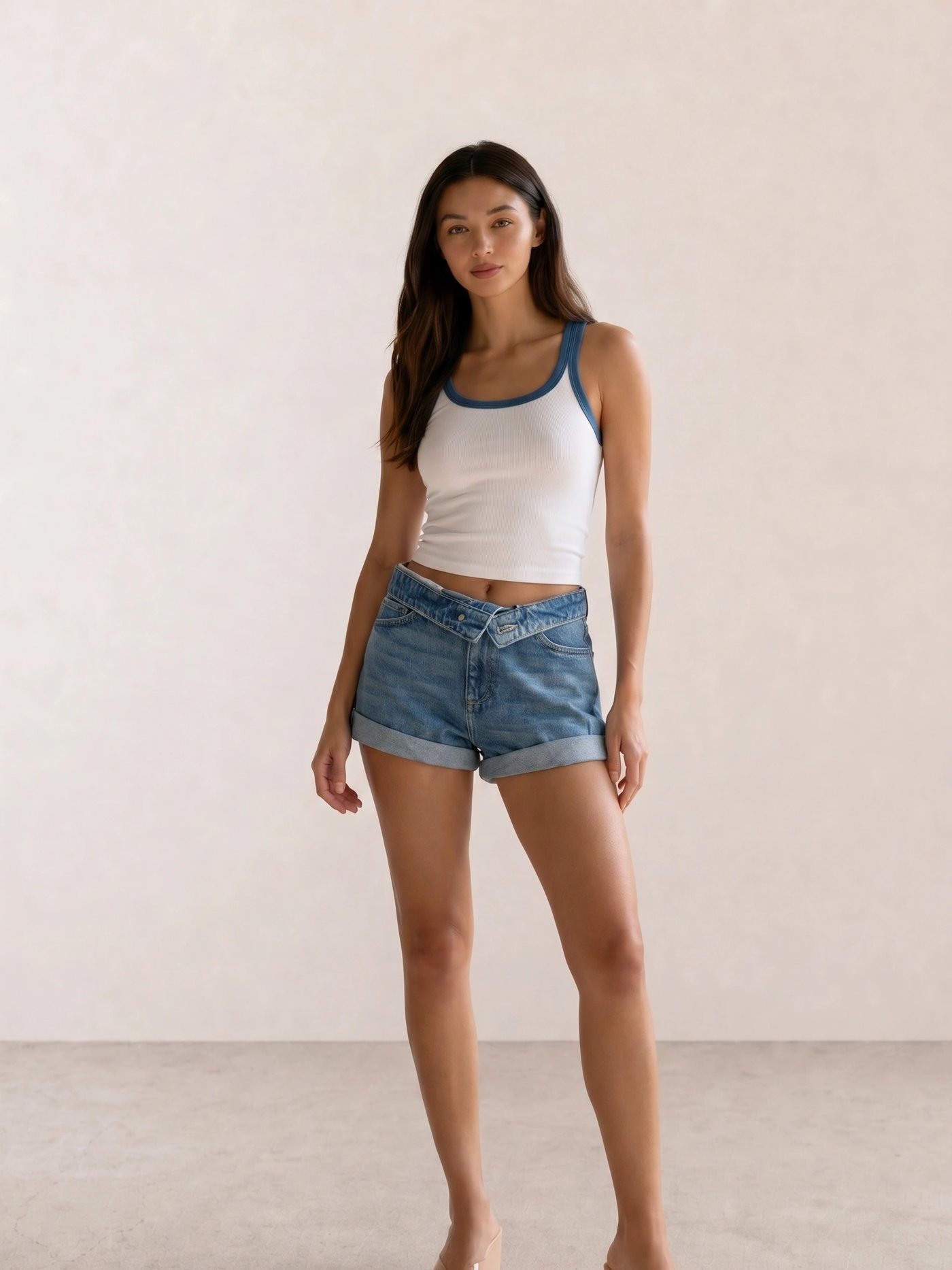 White Ringer Tank & Cuffed Denim Shorts
