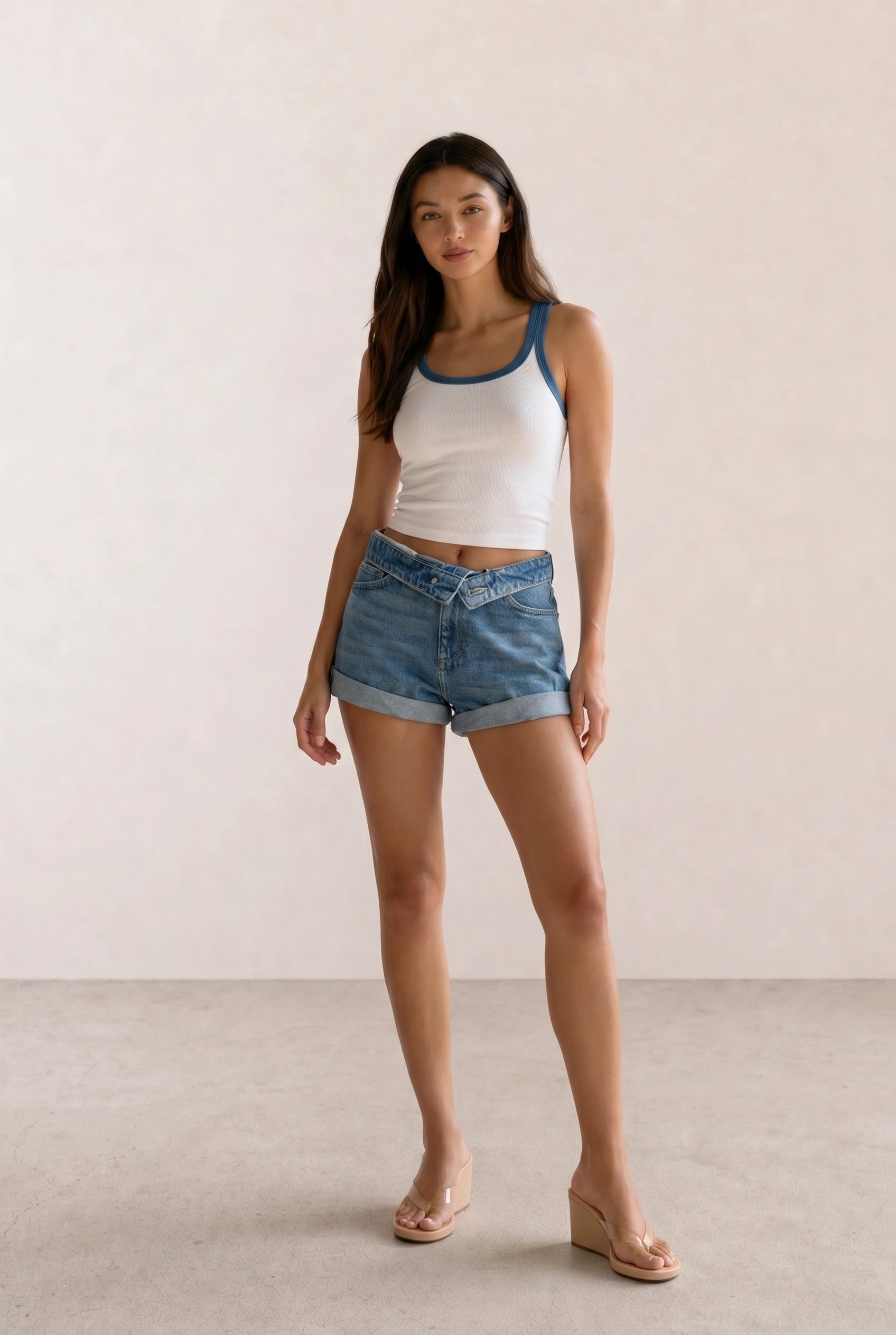 White Ringer Tank & Cuffed Denim Shorts