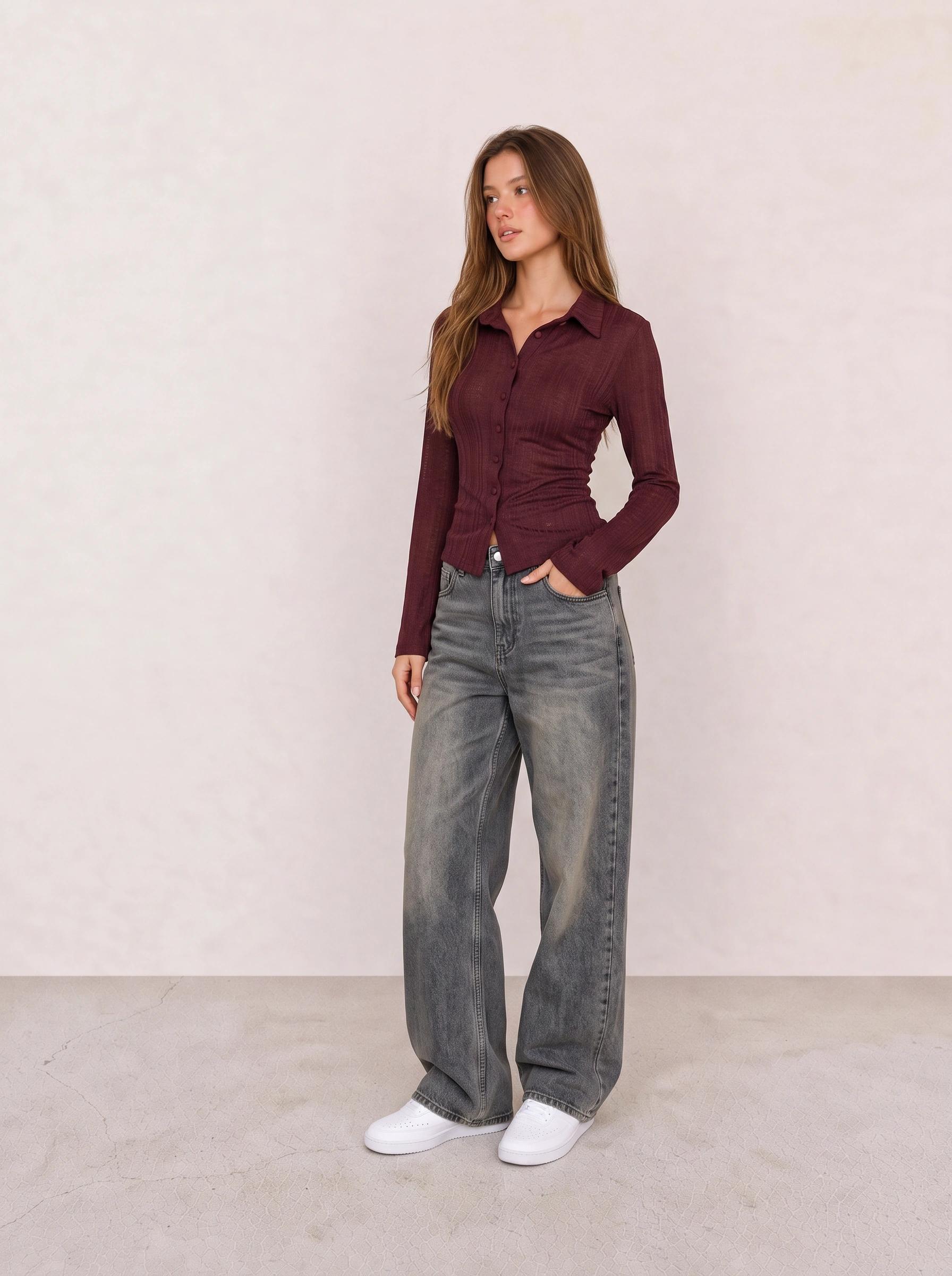 Burgundy Shirt and Grey Wide-Leg Jeans Campus Outfit