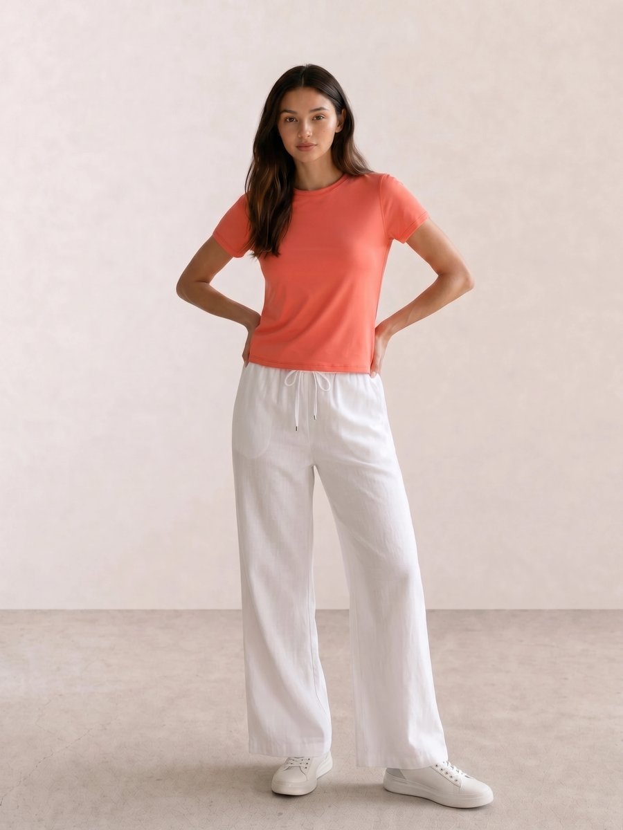 Basic casual outfit with a coral tee, white linen wide-leg trousers, and white sneakers