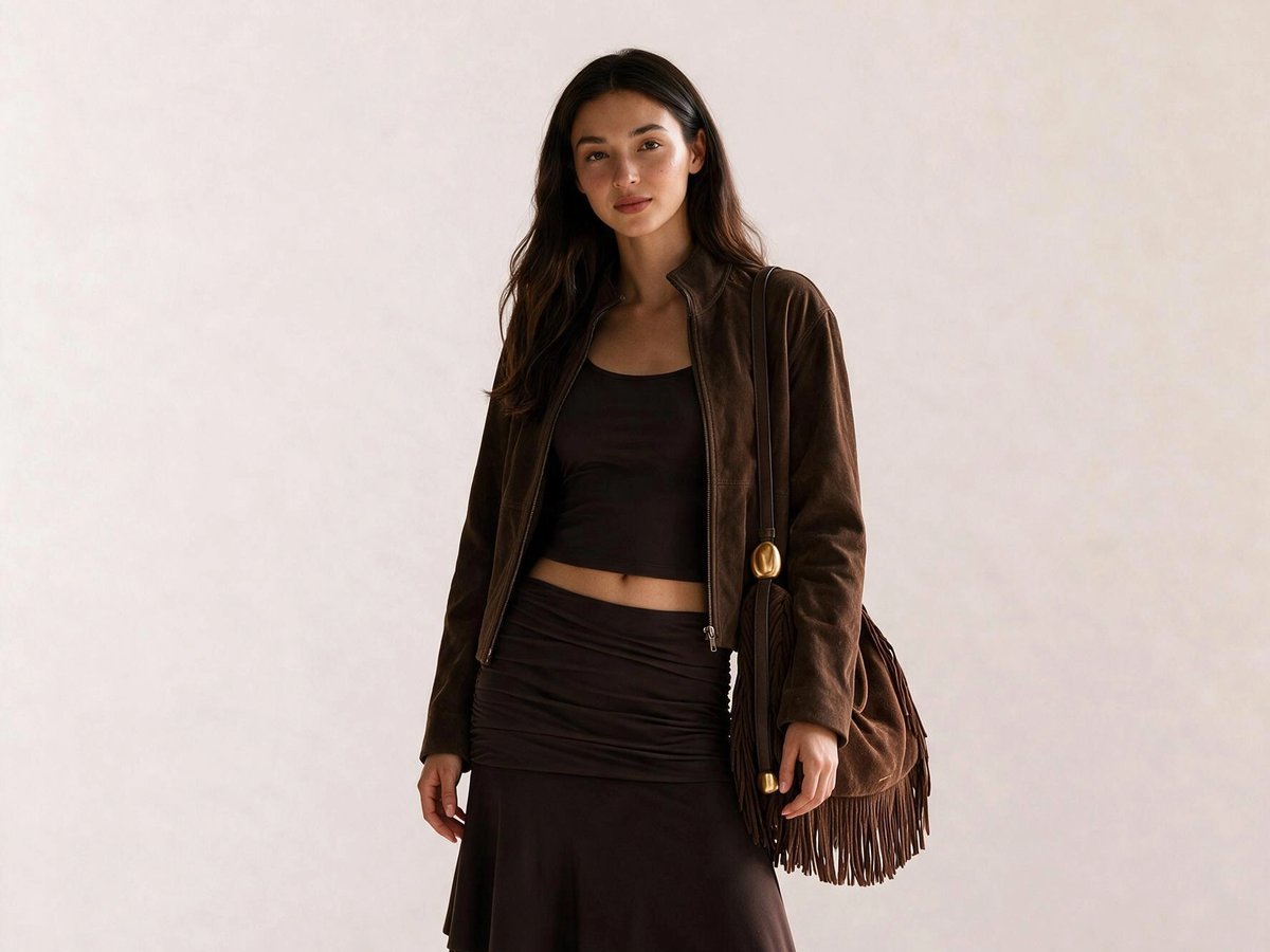 Brown Halter Top & Asymmetric Skirt with Fringe Bag