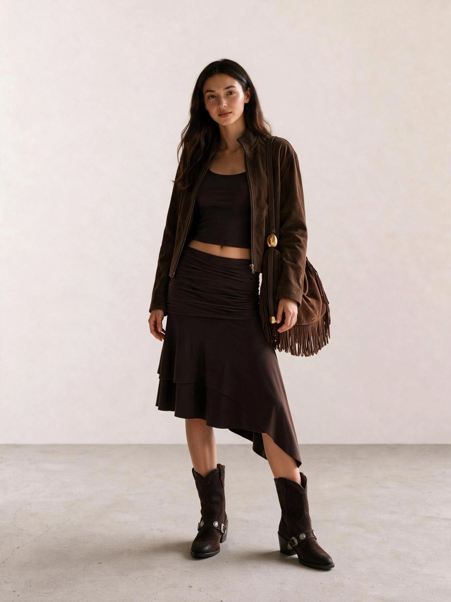Monochrome brown autumn outfit with a halter crop top, asymmetric skirt, suede jacket, fringe bag, and western ankle boots