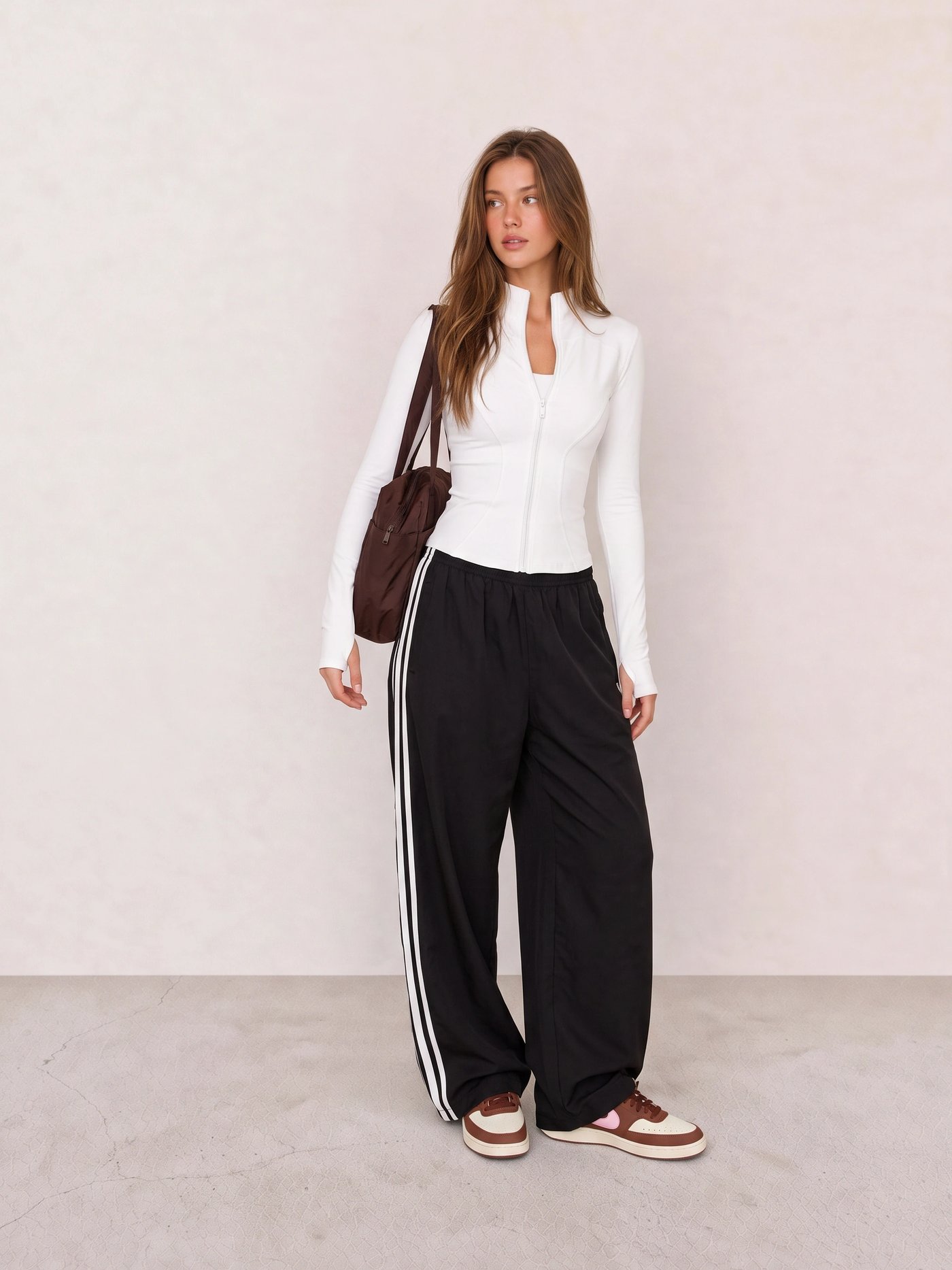 White Zip Top and Black Track Pants Athleisure Outfit