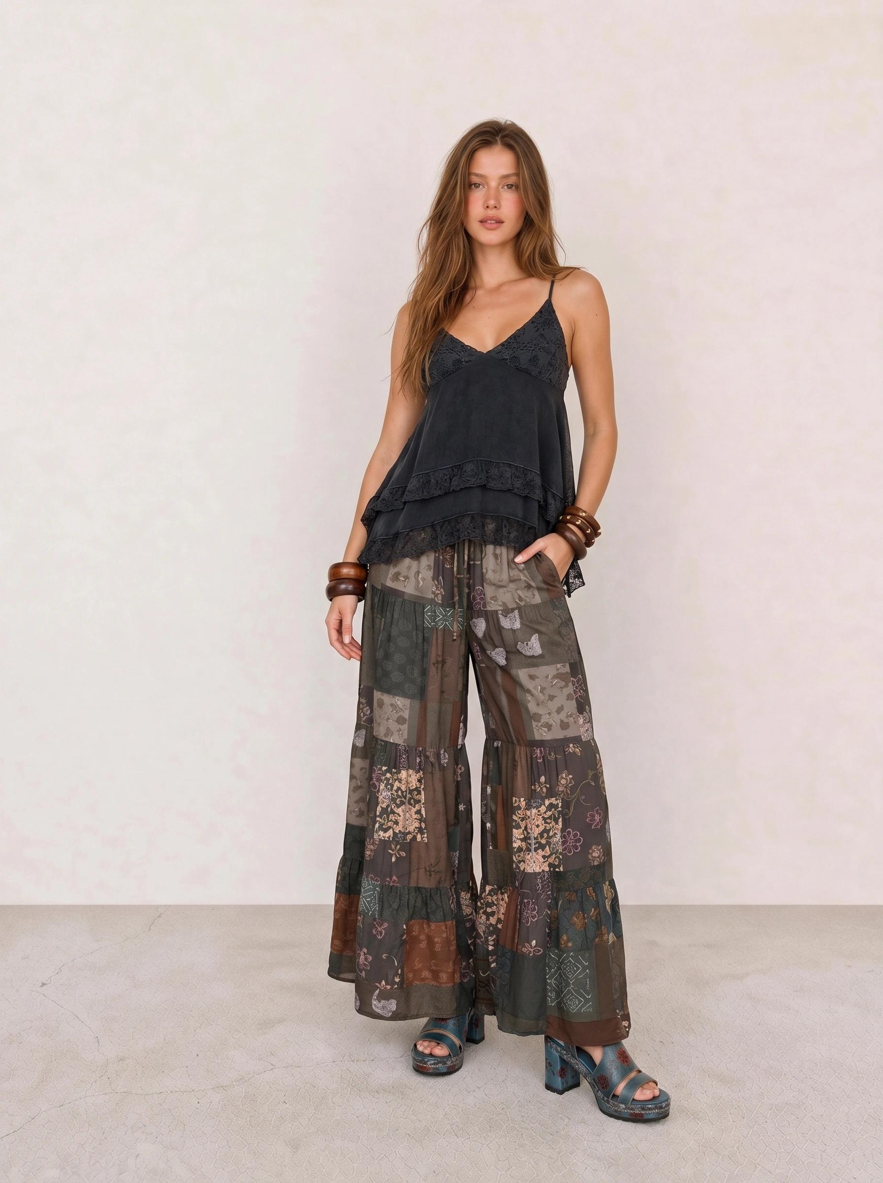 Lace Trim Cami & Patchwork Palazzo Pants