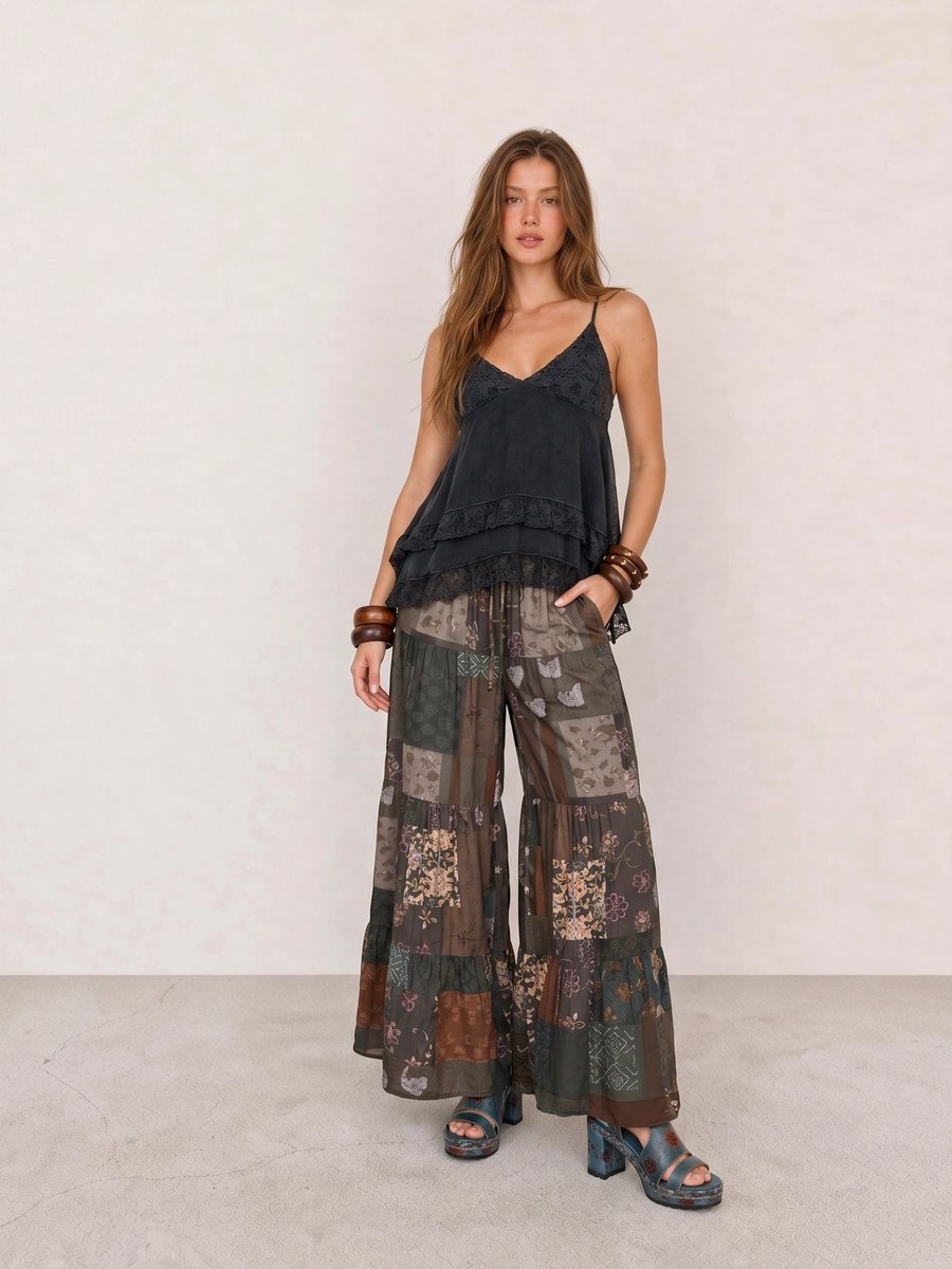 Boho outfit with a black lace-trim cami, dark patchwork palazzo pants, and teal floral platform sandals