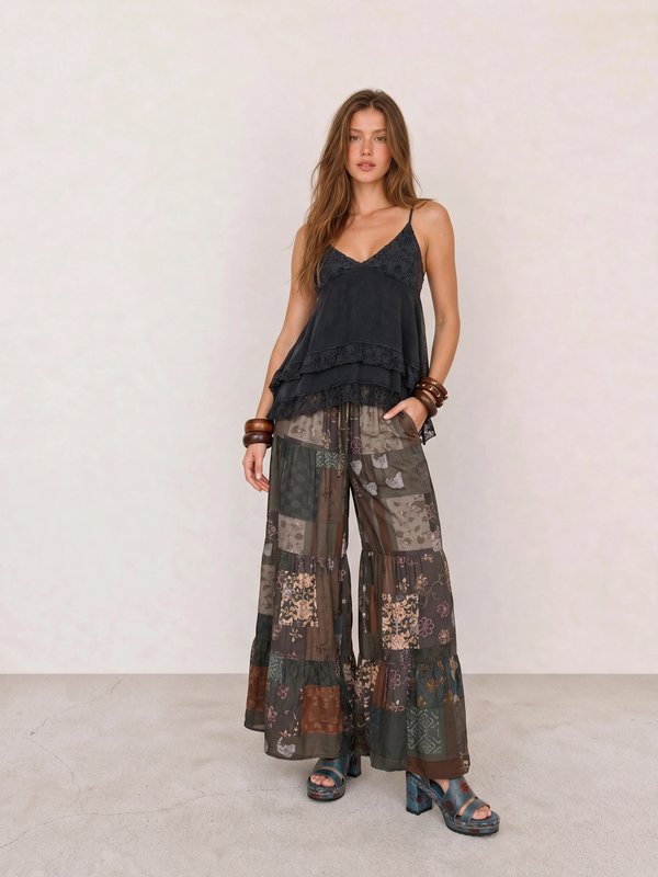 Lace Trim Cami & Patchwork Palazzo Pants