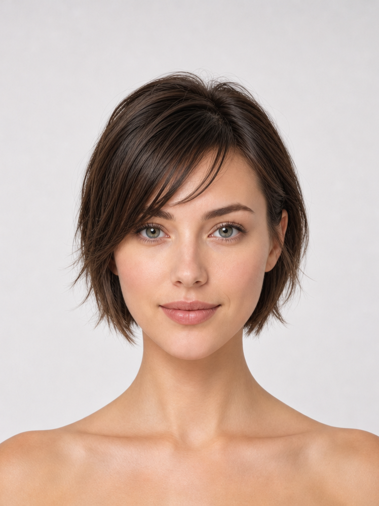 Woman with a short side-swept bob and flipped-out ends, front view