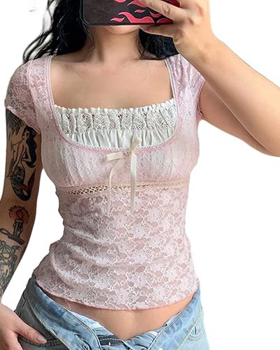 Pink Lace Bow Crop Top