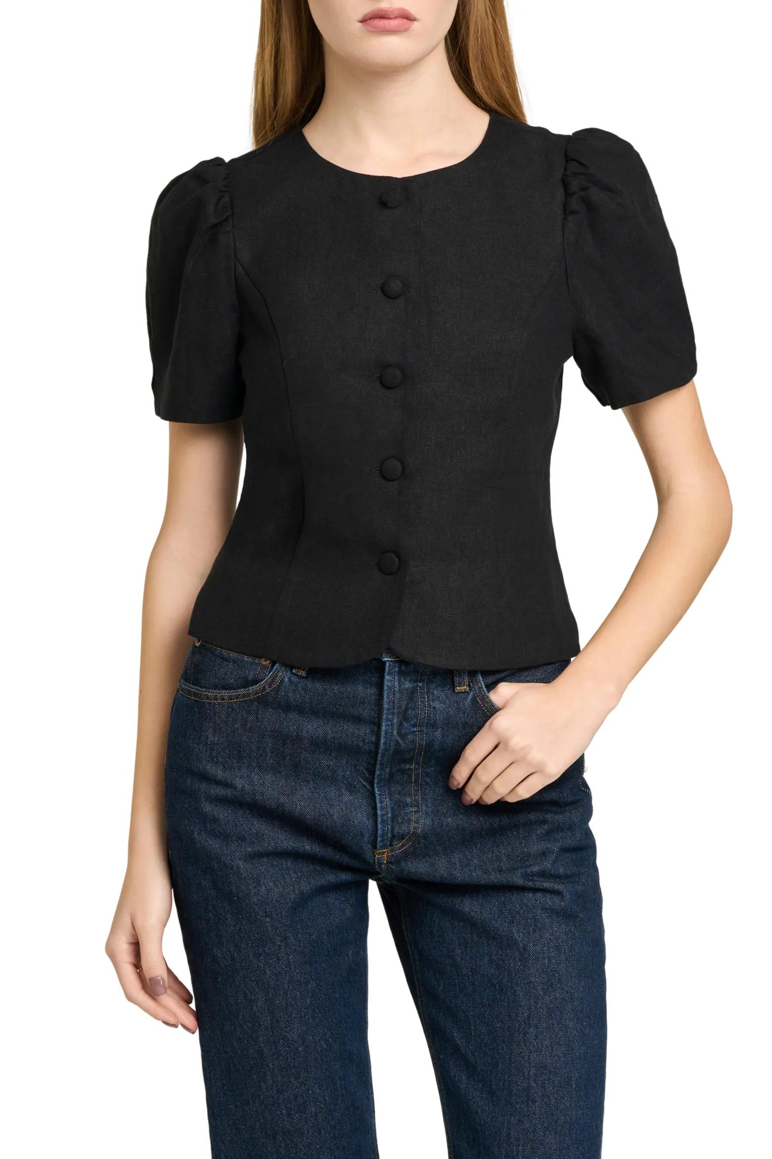 Black Puff-Sleeve Button Blouse