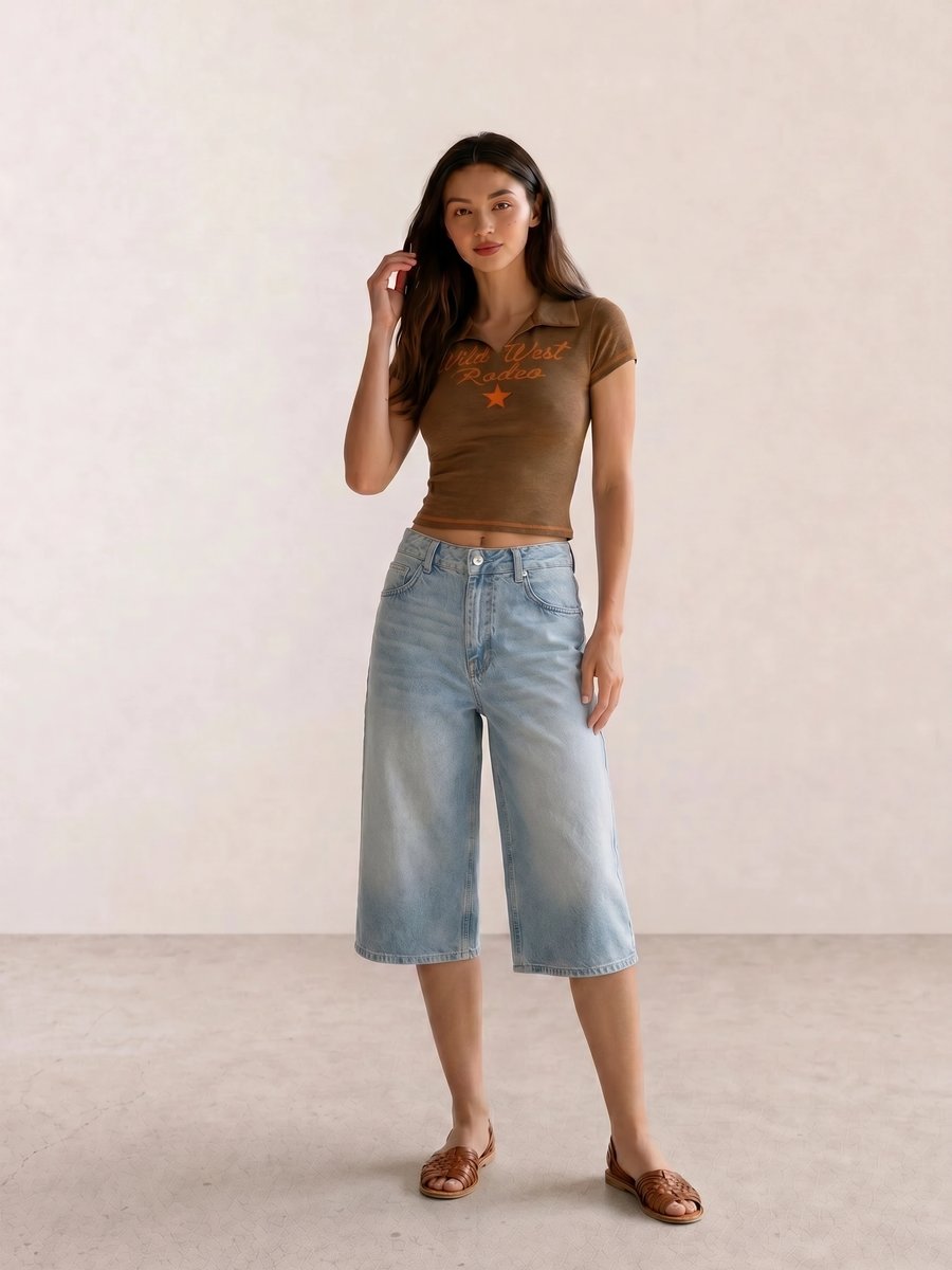 Y2K retro vintage outfit with Wild West Rodeo graphic tee, wide-leg jeans, and woven huarache sandals