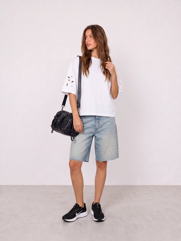 Distressed White Tee and Denim Bermuda Shorts Outfit