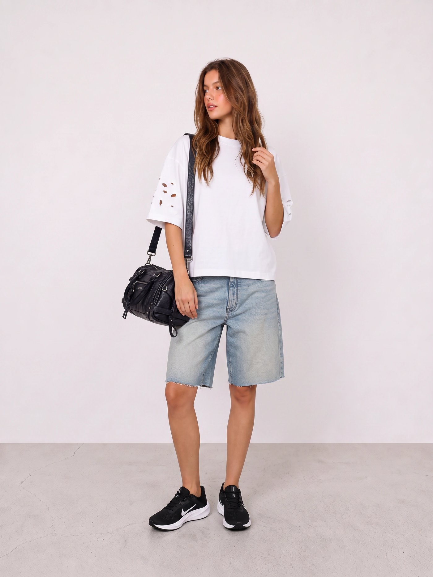 Distressed White Tee and Denim Bermuda Shorts Outfit