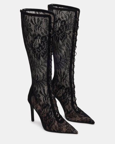 Black Lace Lace-Up Knee Boots