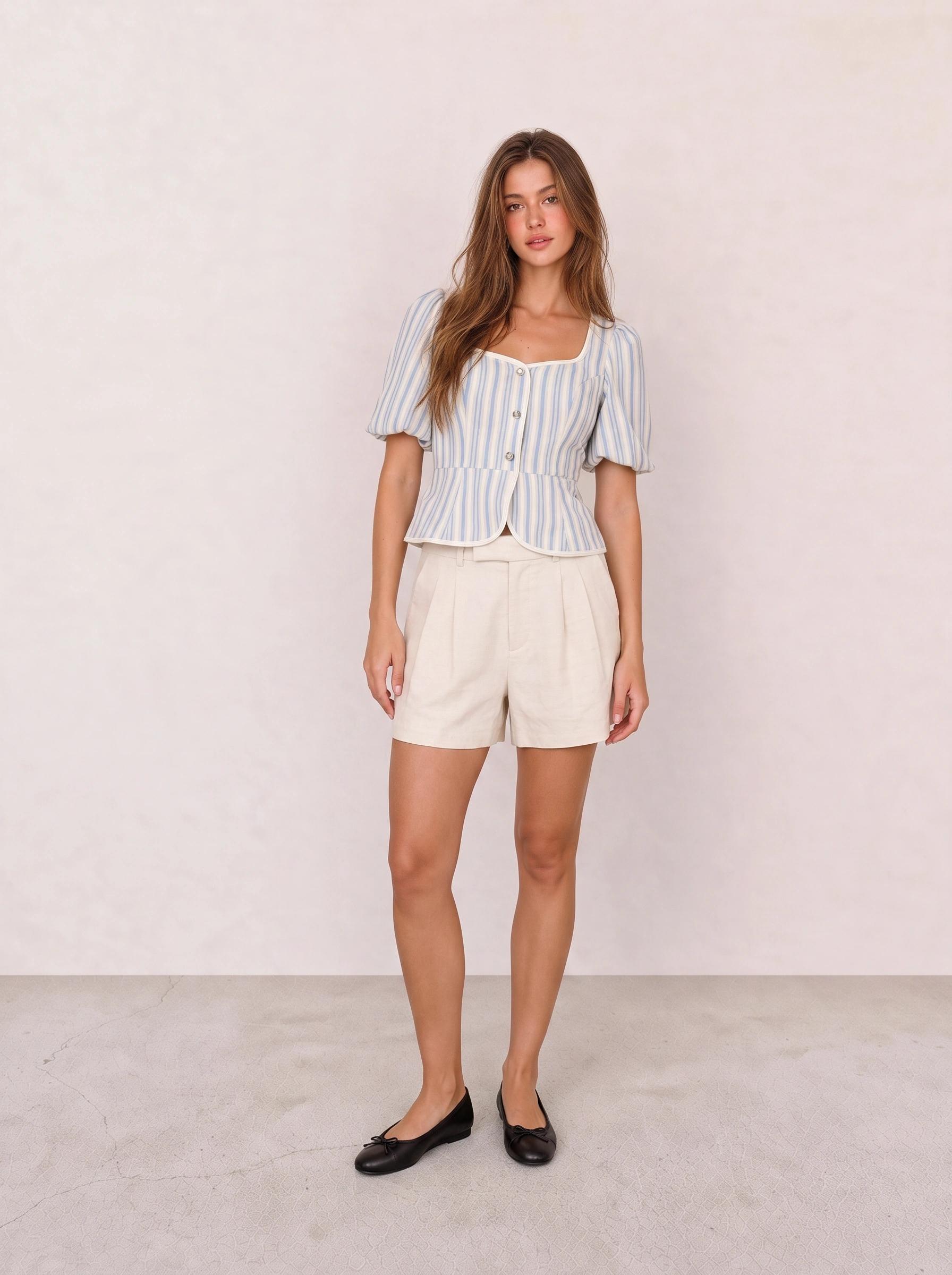 Blue Striped Puff-Sleeve Peplum Blouse & Beige Pleated Tailored Shorts